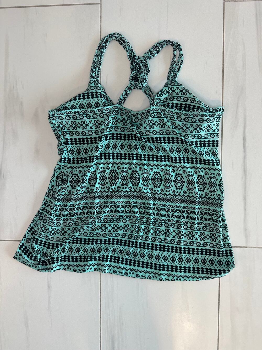 Pink Republic XL Aqua Black Tribal Print Tankini Swim Top Knotted Straps Padded